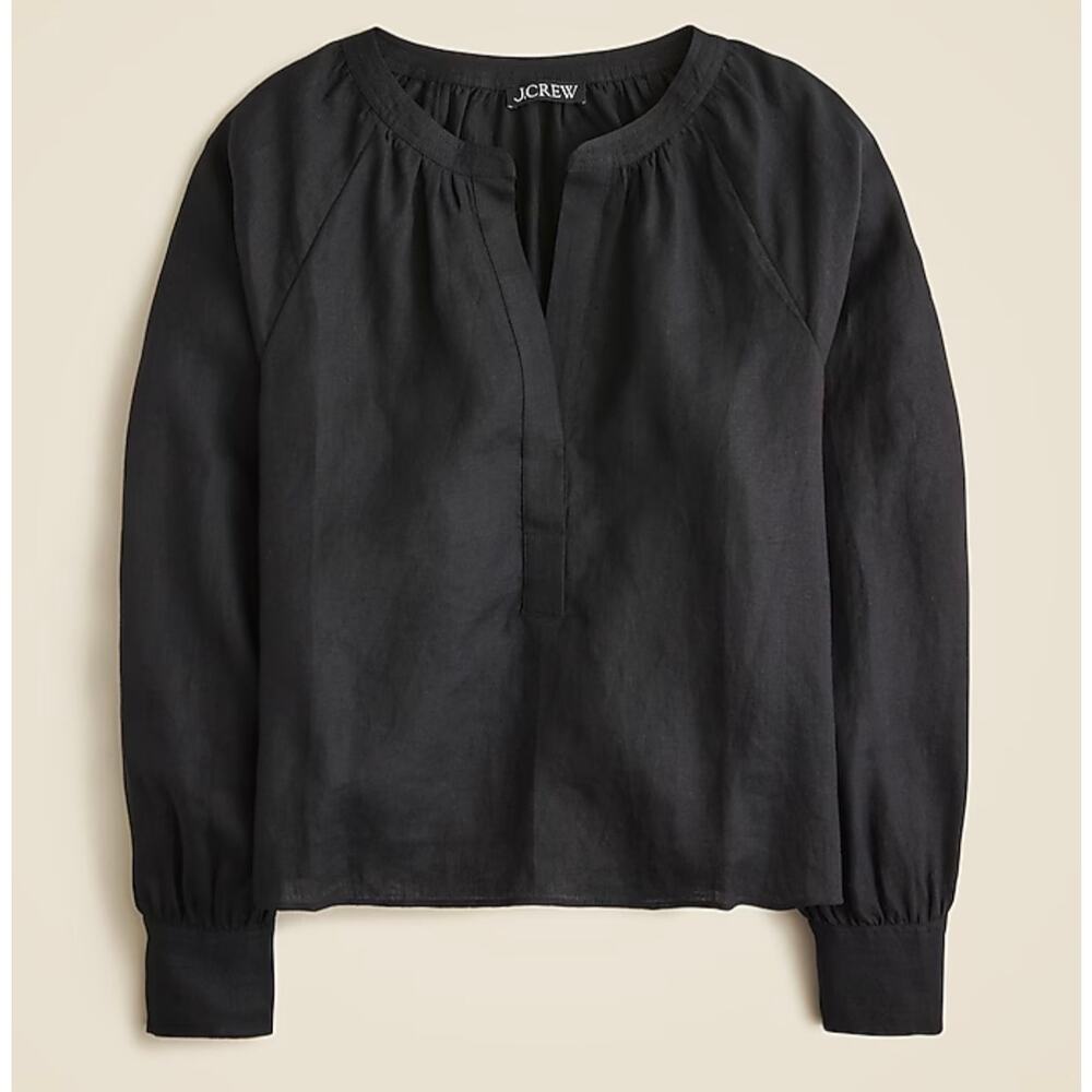 J. Crew Cabana Linen V Neck Blouse Black Long Sleeve Sz M Casual Wardrobe - Picture 1 of 13
